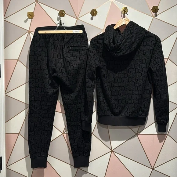Dolce & Gabbana Black Velvet Embossed Logo Sweat Suit (Hoodie & Joggers)
